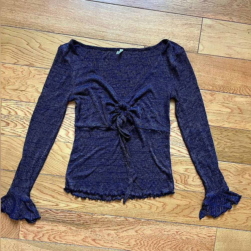 Free people midnight sparkle tie front blouse bell sleeve metallic knit size m